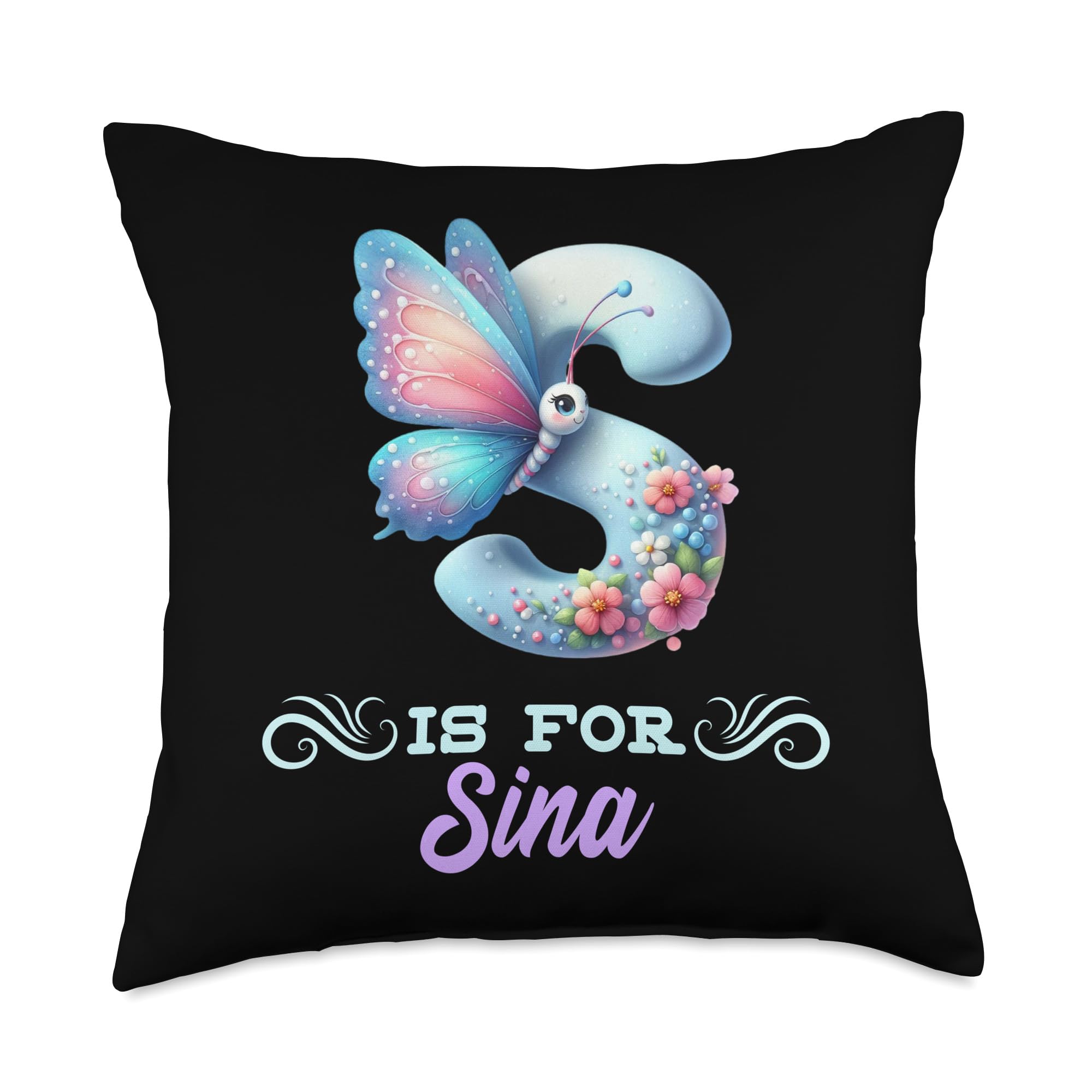 S Is For Sina Girly Butterfly And Flower Initial Name Throw Pillow