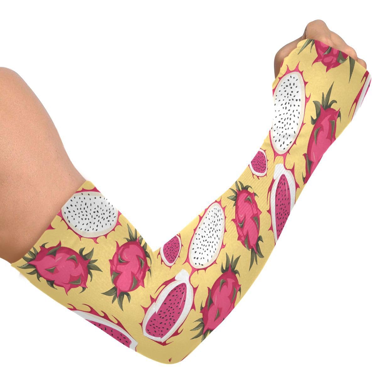 ALAZA Dragon Fruit Yellow Gardening Sleeves Cooling Arm Sleeves Sun Protection Thumb Hole Arm Covers for Women Men