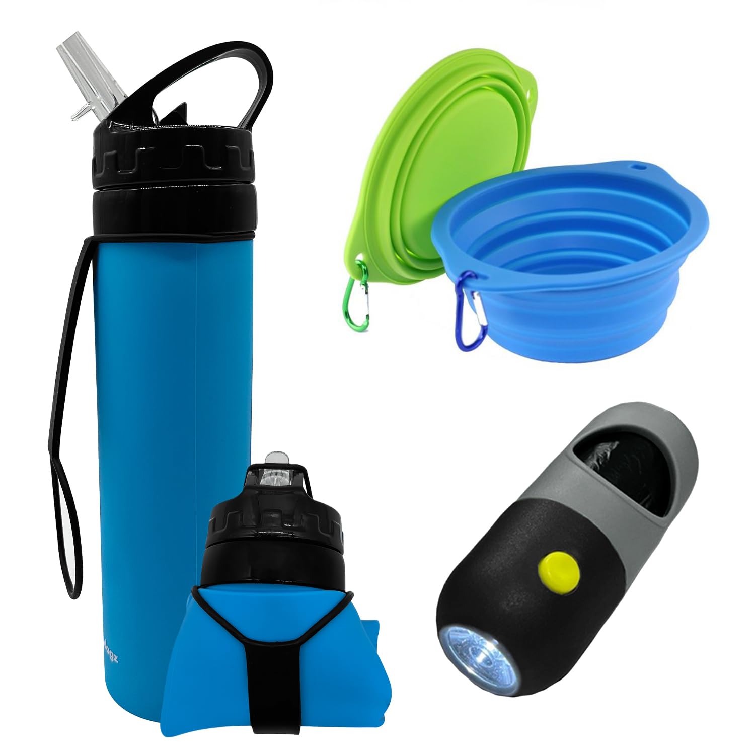 Collapsible BPA Free Silicone Dog Bowl and Bottle with LED Poop Bag Dispenser Walking Kit Bundle, Outdoor Travel Hiking Running Set
