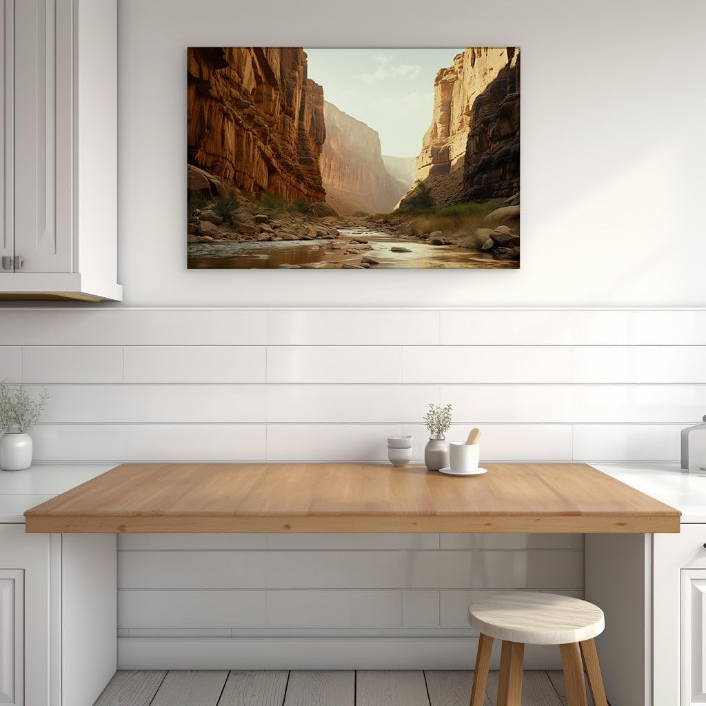 Canvas for Living room. Golden River's Serene Journey Through the Majestic Canyon Skies, 27 x 18 inch Canvas Wall Art - Contemporary Masterpieces - Modern Home Decor