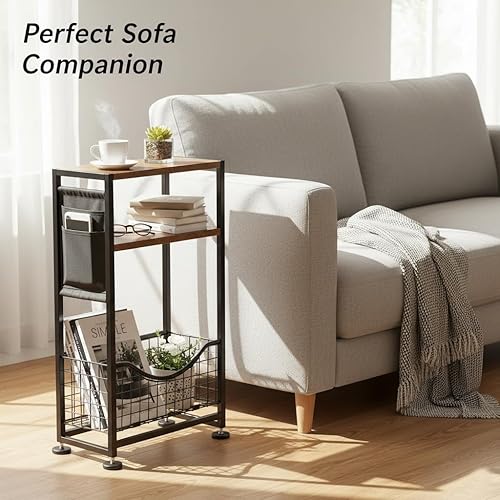 Miniatura 4 de Mesa auxiliar delgada con almacenamiento, mesas auxiliares delgadas de 3 niveles para espacios pequeños, mesa auxiliar delgada mesita de noche