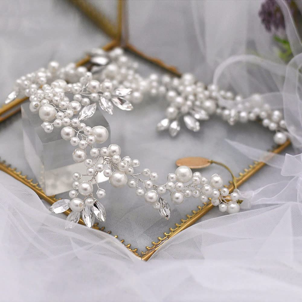 2 Pezzi Donna Accessori Acconciature Sposa Bianche Fascia Capelli Vite a Pelo Breve Cerchietti Damigelle - Gioielli per Testa Dorati Ragazza in Perle e Strass(40cm/15,7 Pollici)