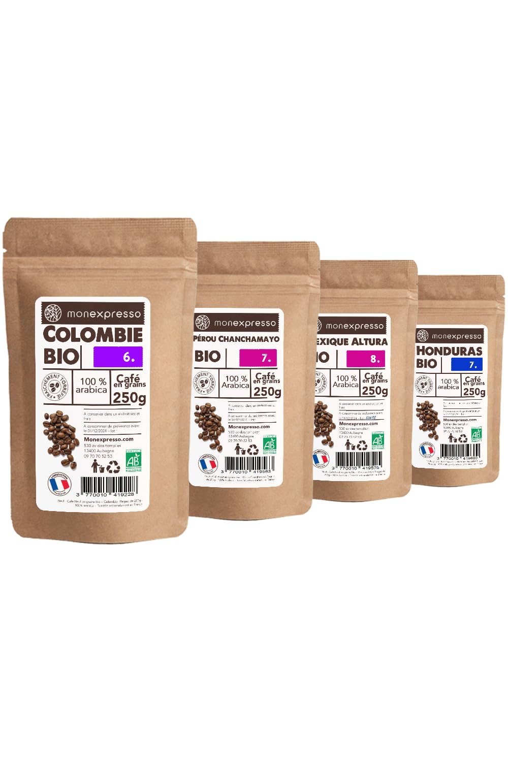 Coffret Café Grains Bio – 100% Arabica – 4 paquets de 250 g avec zip (1 kg) – Origines Colombie, Altura, Honduras, Pérou – Torréfaction Artisanale en France