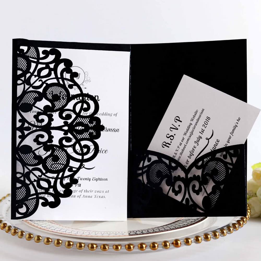 Delikatna romantyczna karta z zaproszeniem na przy Koperty - 50 sztuk zaproszeń czystych - personalizowane zaproszenia papierowe na przyjęcie zaręczynowe lub eleganckie zaproszenia(Schwarz,Blank)