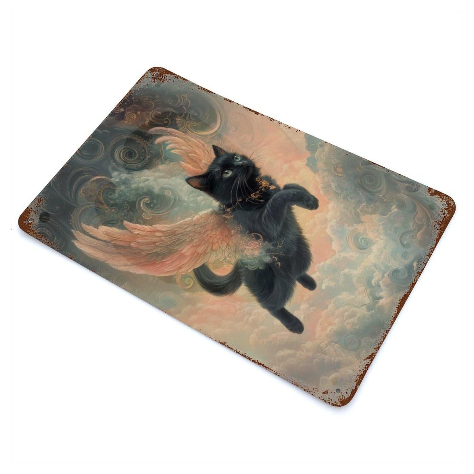 Garage Style Black Cat with Wings Fantasy Cat Tribute Vintage Rust Metal Sign 11.8"x7.9", Rustic Home Decor for Bar And Workshop