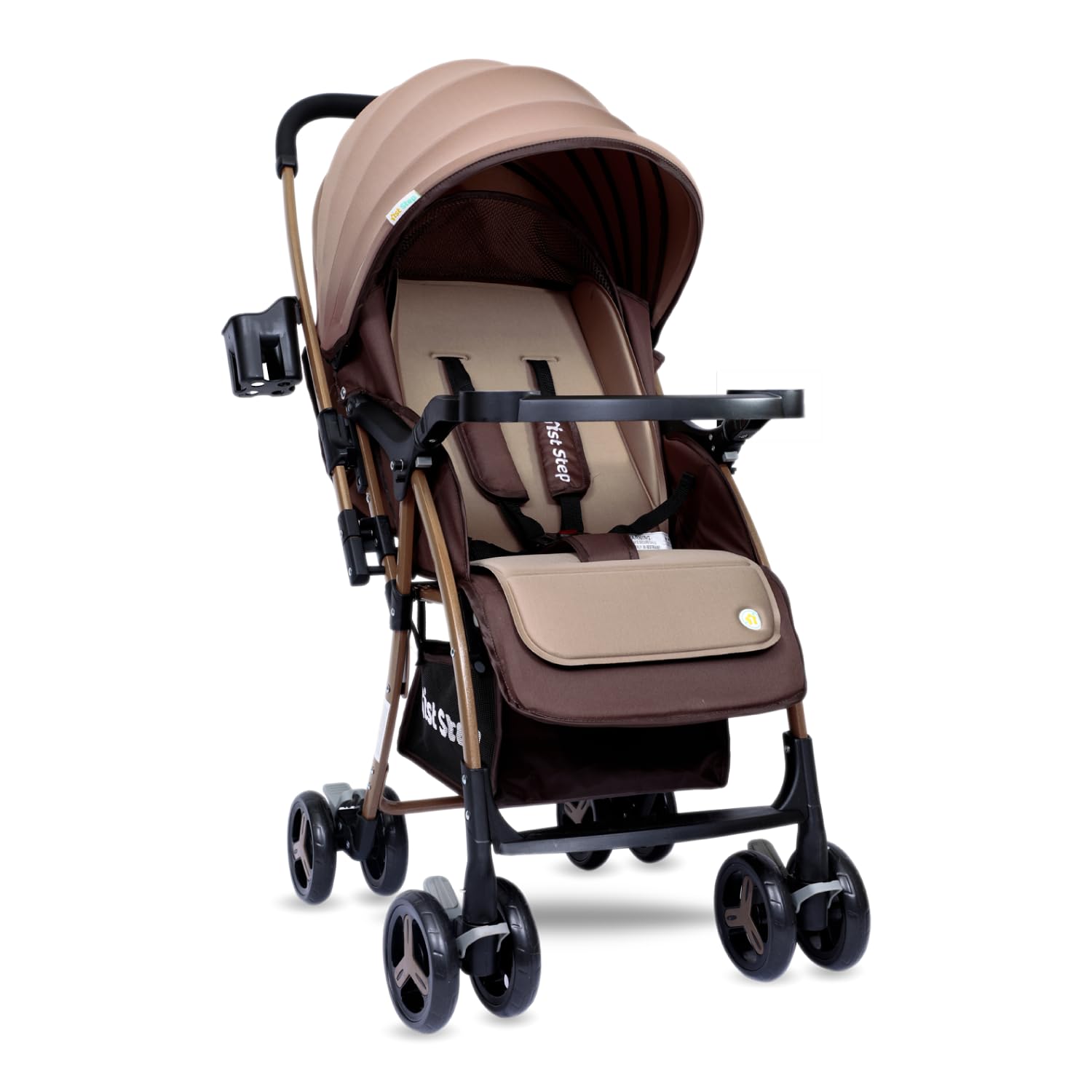 1st Step Caramel Baby Pram Cum Stroller with 5 Point Safety Harness/Infinitely Reclining and Cushioned Seat/Reversible Handle/Front Swivel Wheels - Coffee Brown-image-29