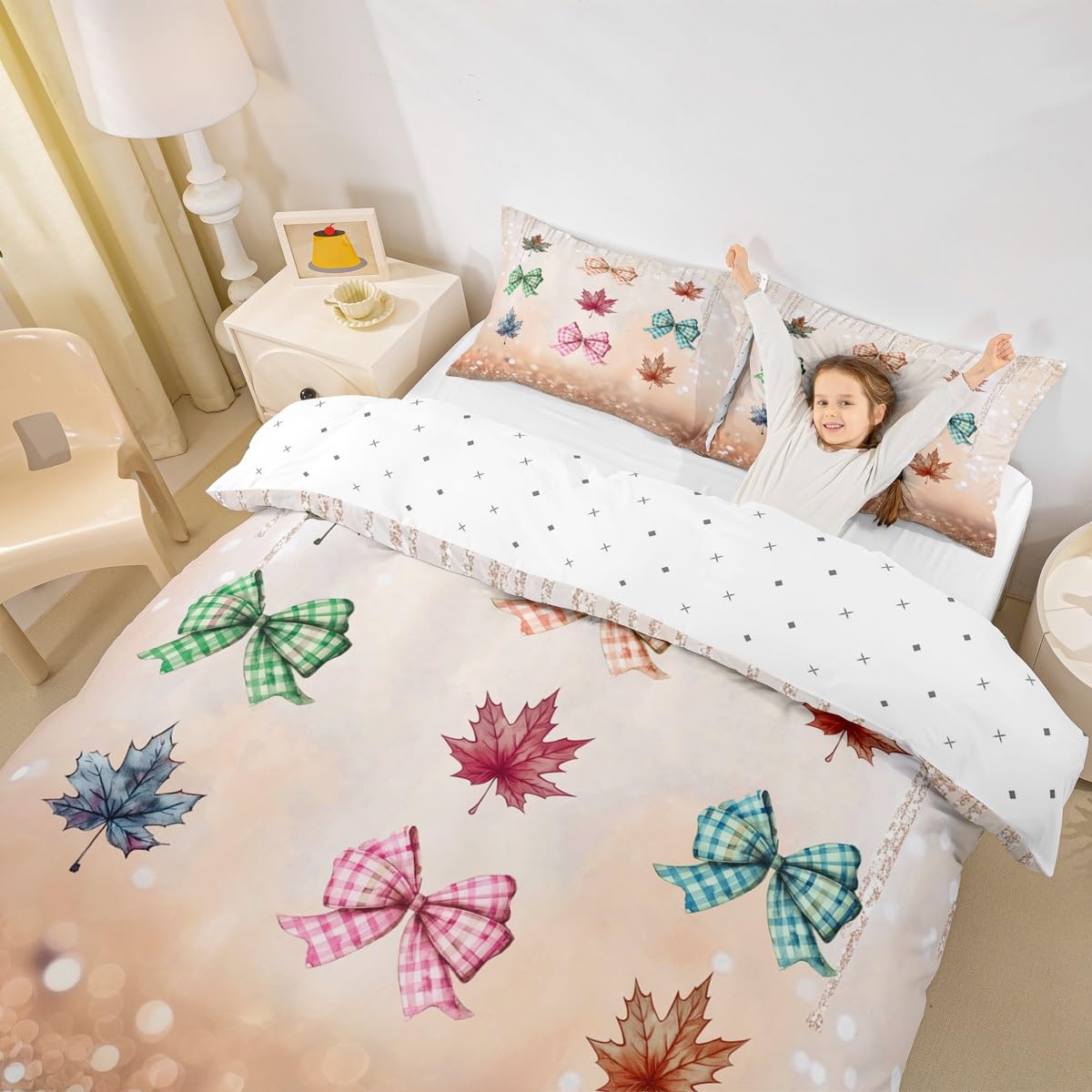 Homewish Jesienne żniwa król poszewka na kołdrę kolorowa kratka kokarda poszewka na kołdrę Święto Dziękczynienia liść klonu zestaw pościeli brokat kokarda zestaw pościeli