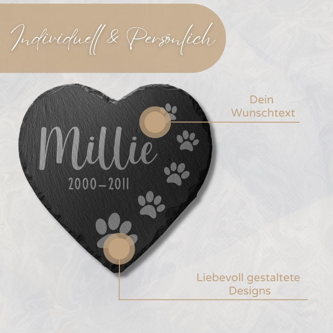 Tier Grabstein Herz aus Schiefer mit Gravur - riesige Motiv Auswahl - wetterfeste Imprägnierung! - Katzen o. Hunde Gedenkstein - personalisiertes Andenken an Haustiere
