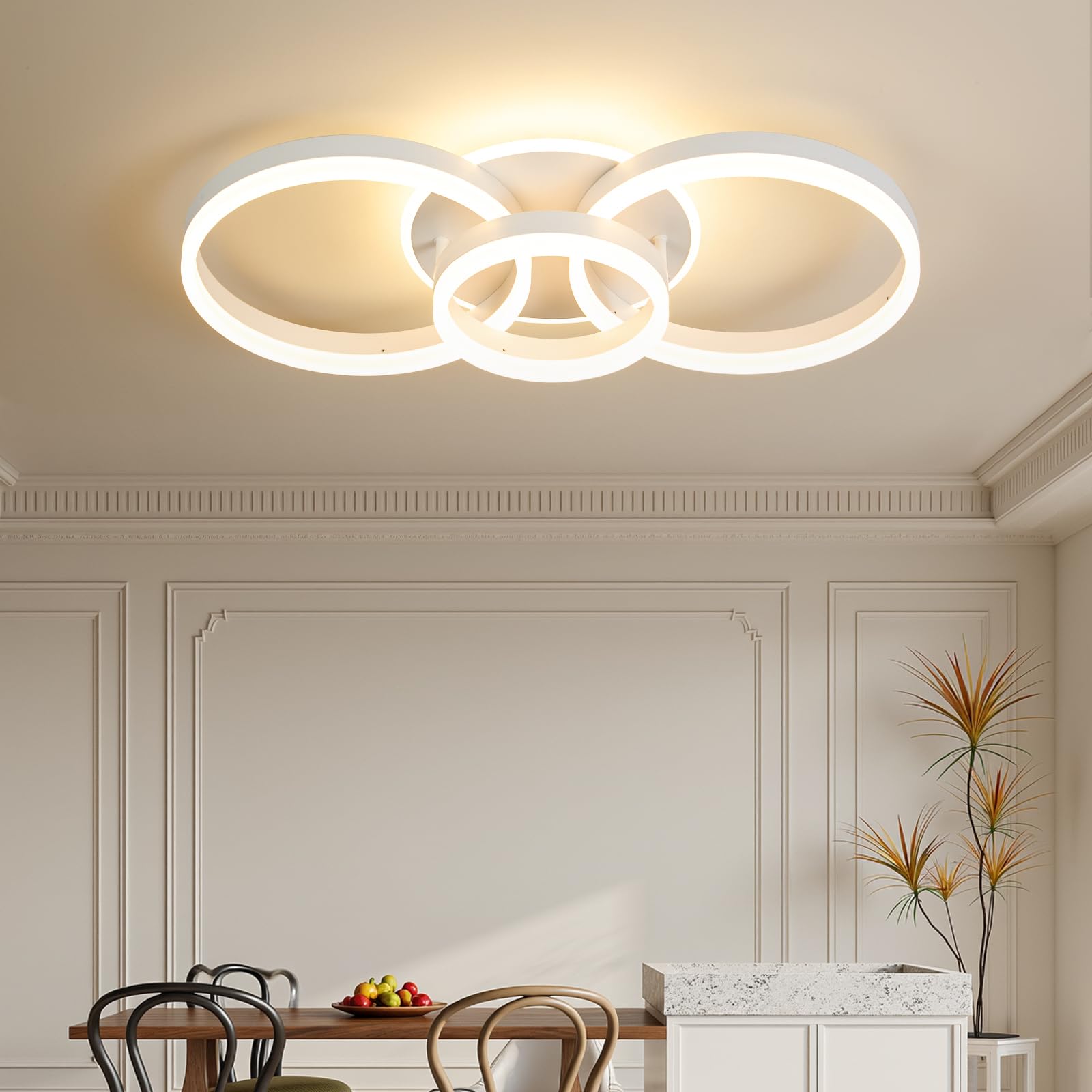 Deckenleuchte Dimmbar mit Fernbedienung 65cm | 50W Moderne 3 Ring-Design LED Deckenlampe für Wohnzimmer Schlafzimmer Küche | Nachtlicht, Memory-Funktion - Weiß