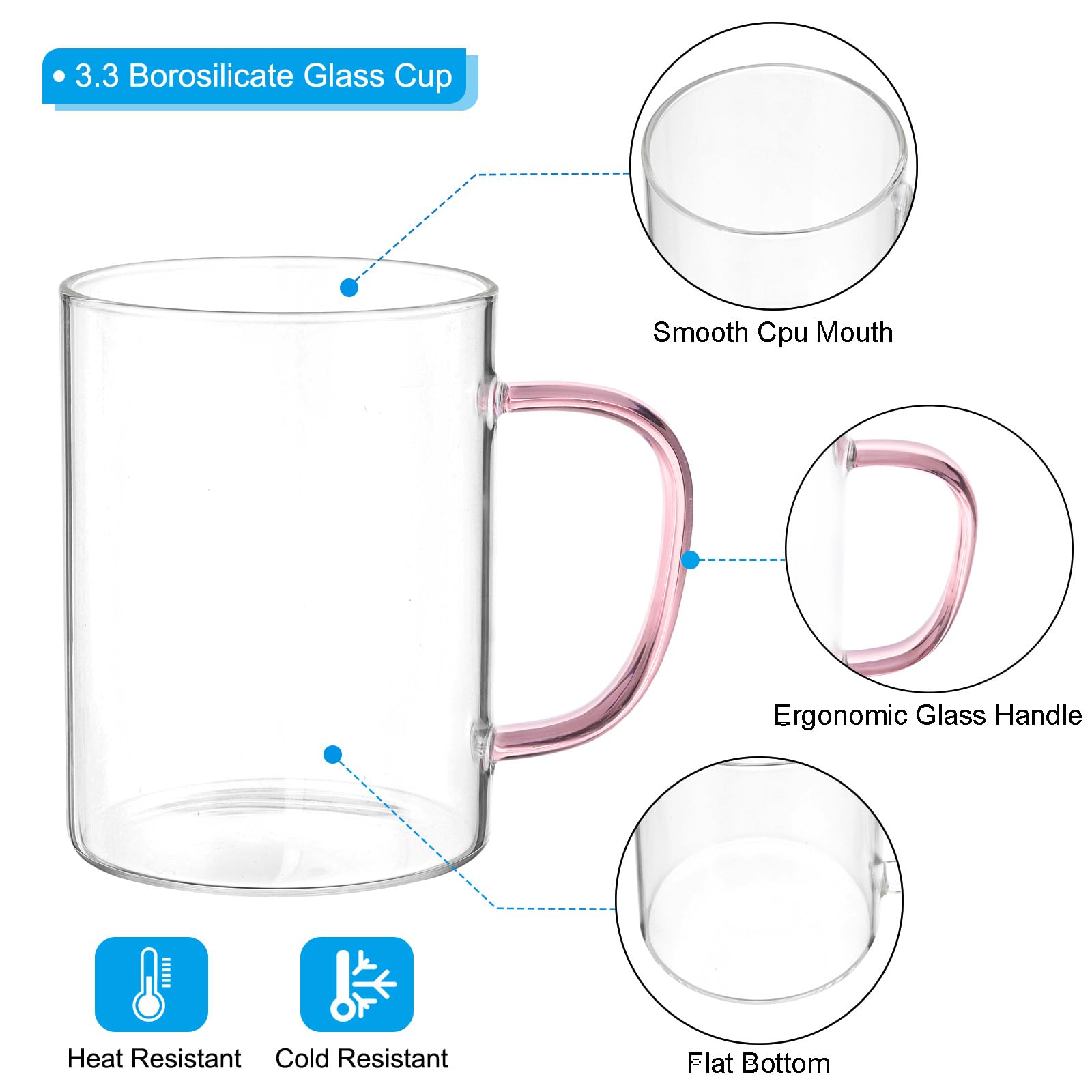 PATIKIL 500ml Glass Measuring Cup, 3.3 Borosilicate Glass Mug Liquid Cups Beaker with Pink Handle for Kitchen Clear - Image 3