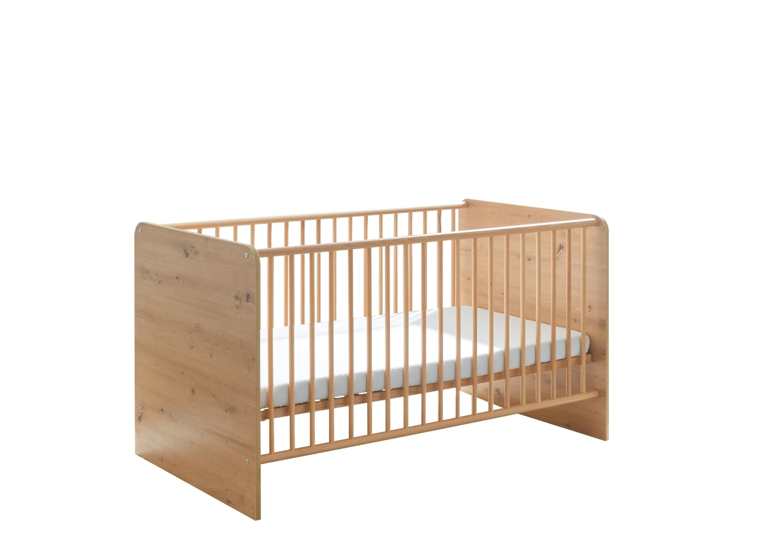 Babybett >Birta< Artisan Eiche Dekor / Salbei, Liegefläche 140x70 cm, 3 Schlupfsprossen, Liegehöhe verstellbar – 78x90x143 cm (B/H/T), robust & pflegeleicht, Dekorfolie, zerlegt, ohne Matratze