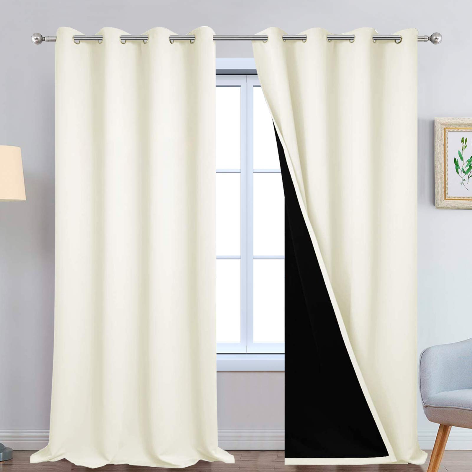 Yakamok 100% Blackout Window Curtain Panels, Heat and Full Light Blocking Drapes with Black Liner for Nursery, 108 inches Drop Thermal Insulated Draperies (Cream, 2 Pieces, 52 Inch Width) โ image 1