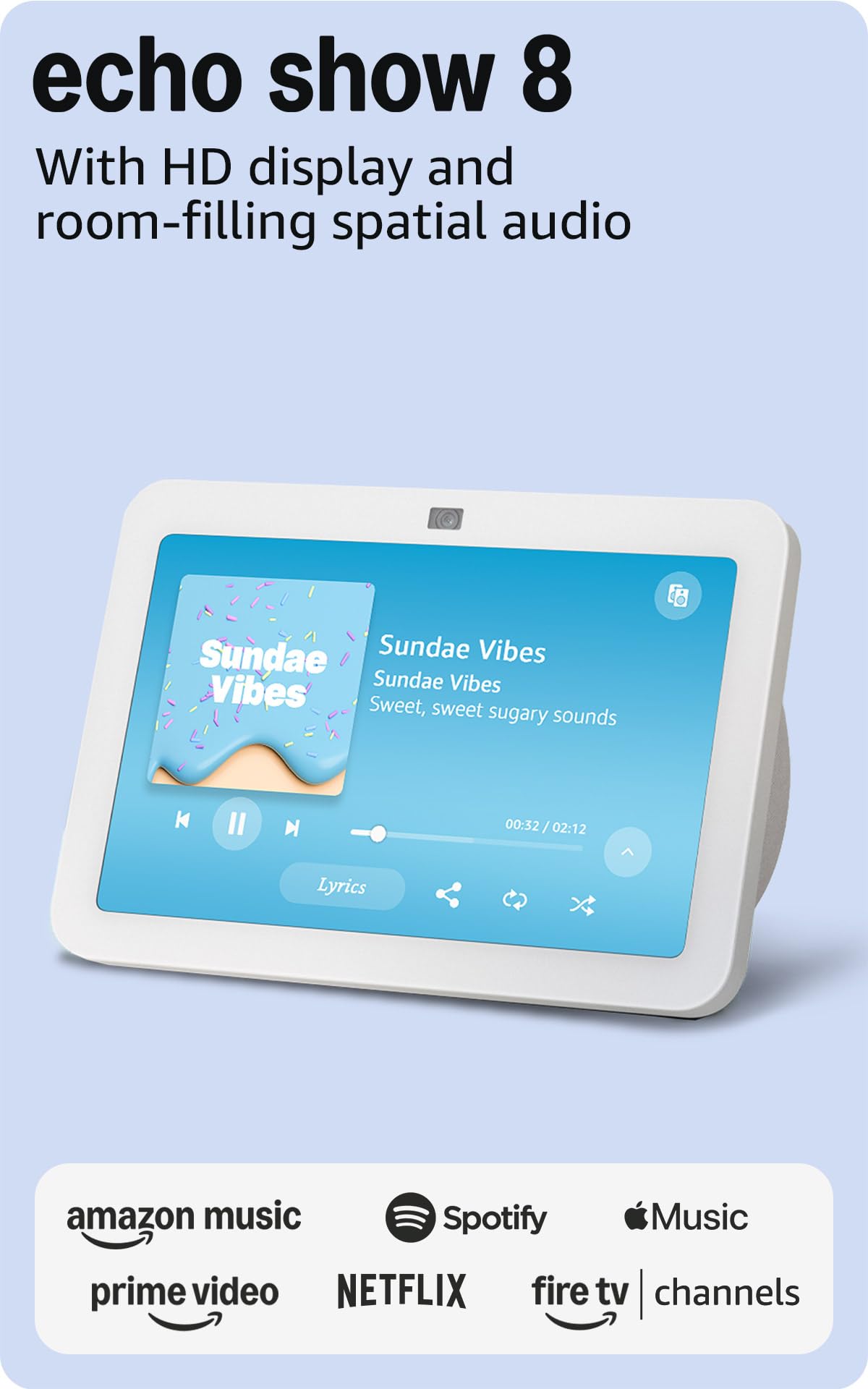 Amazon Echo Show 8, With Spatial Audio, Smart Home Hub, ideal for open living spaces, includes Alexa, Glacier White