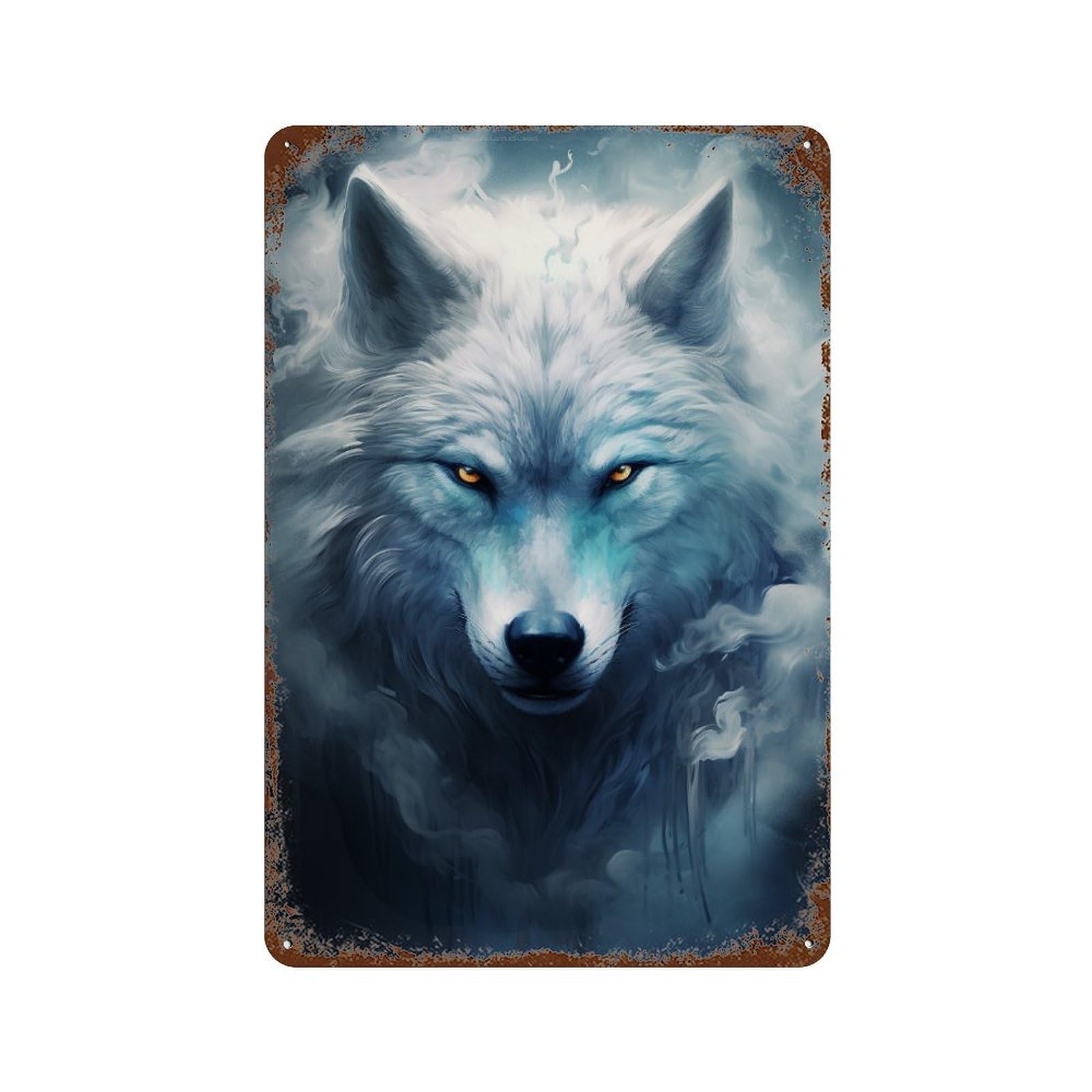 Weathered Tin Sign with Fantasy Wolf Art Print -3 Design 11.8"x7.9", for Office, Studio And Wall Decor, Retro Wall Decor