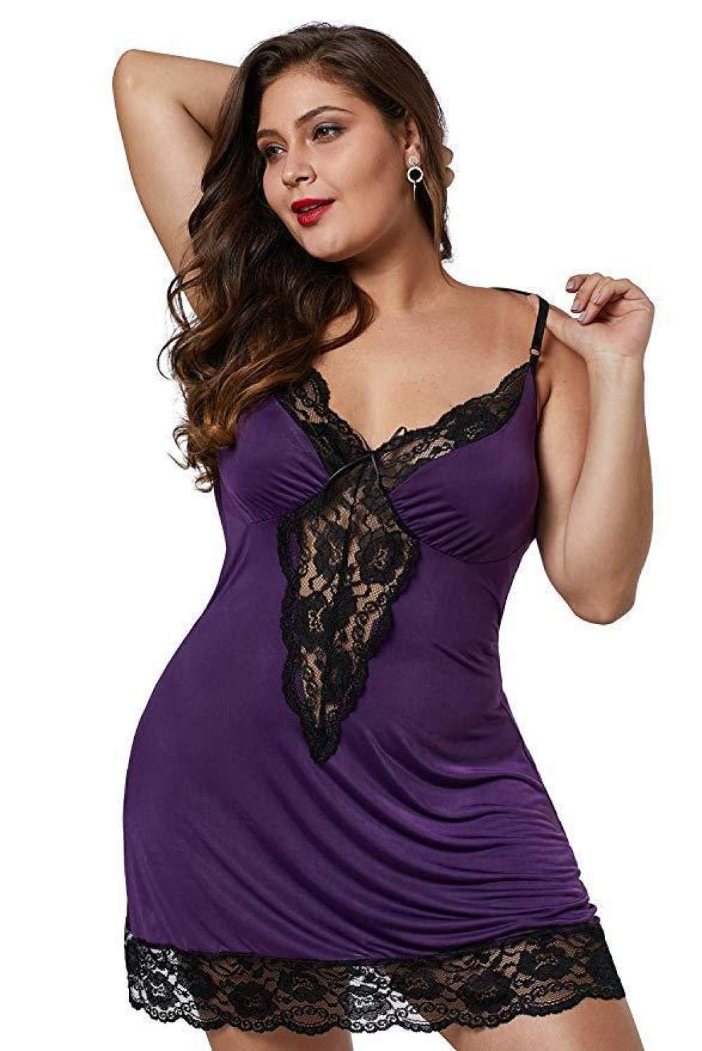AKAZI Lingerie Sexy per San Valentino, Set di Lingerie Sexy da Donna Taglie Forti per Bambole, Scollo a V, Camicia da Notte, Abito da Notte in Pizzo, Indumenti da Notte con Perizoma (Viola 7XL)
