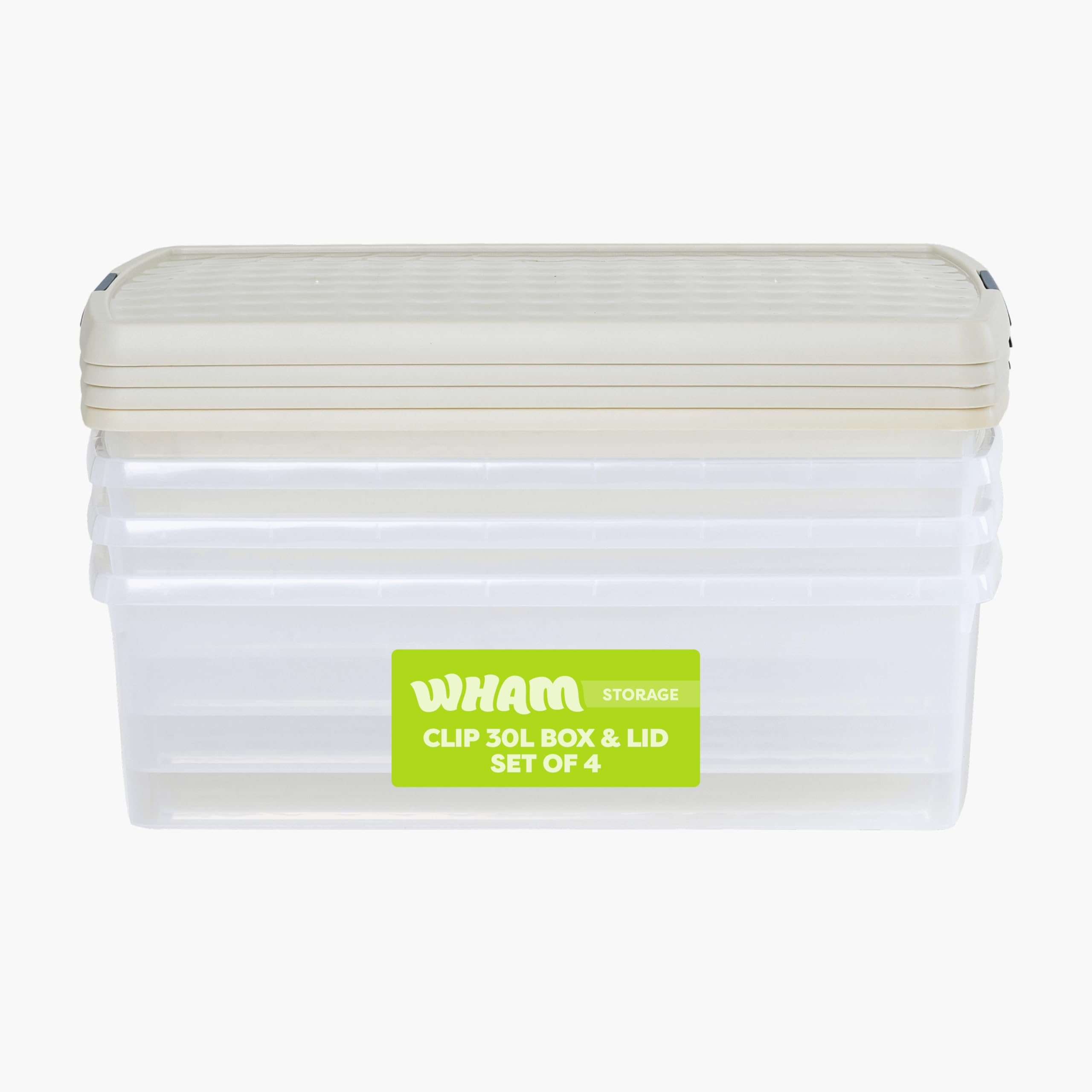 Wham Clip 4 x 30L Rectangular Stackable Plastic Storage Boxes with Lids | Ideal for Home, Office, Toys & More | Storage Containers with Clip Locks | Made in UK - Clear/Stone