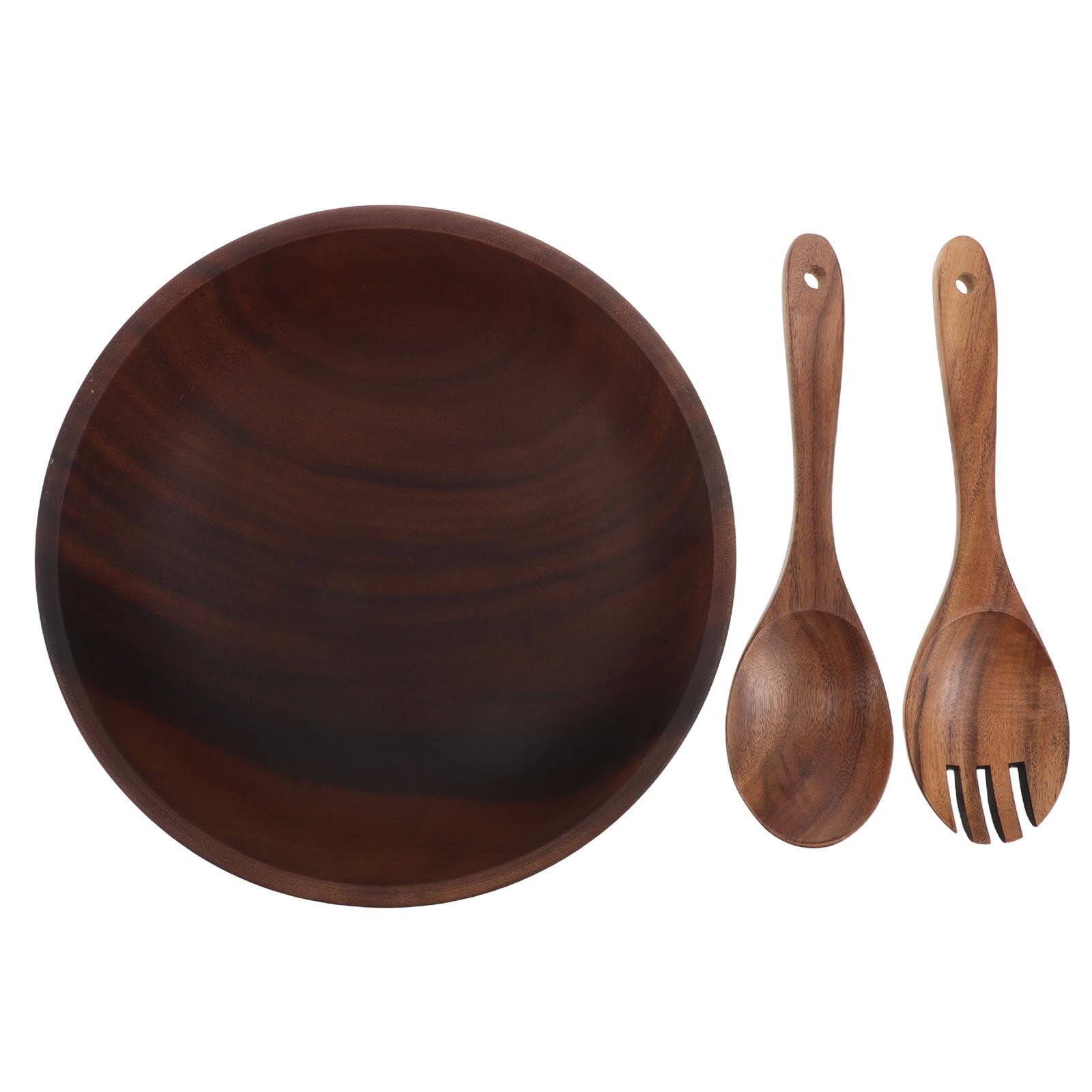 Juego de Cuencos para Servir Ensalada de Madera de 2, 5 L | Redondo Marrón, Incluye Tenedor y Cuchara, Acabado Rústico, 85 Oz para Reuniones y Fiestas
