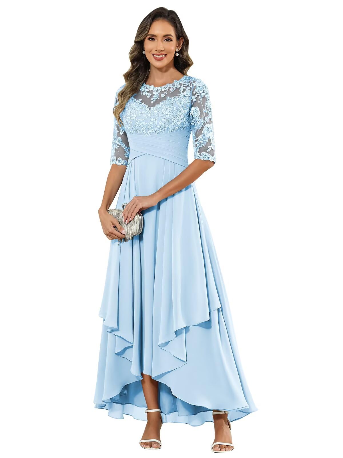 HANVAIOS Mother of The Bride Dresses Tea Length A-Line Chiffon Lace Appliques Formal Dress for Women