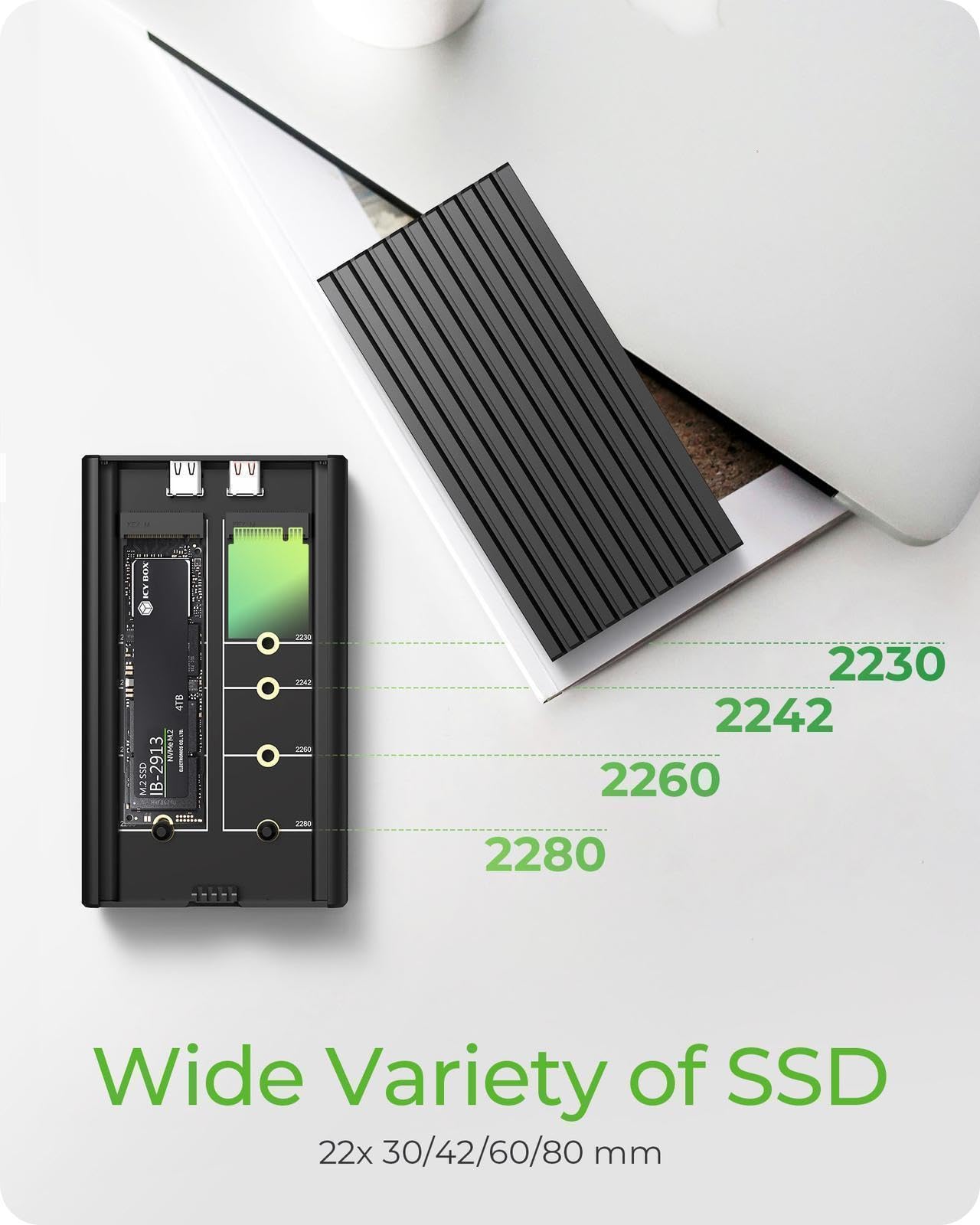 Icy Box 2 Puertos M.2 SSD / NVMe, USB 3.2 Gen 2 (20 Gbps), Sistema de refrigeración, Soporte Dual PCIe Gen 3x2, USB-C, M-Key, Externo, Adaptador NVMe, Aluminio, Negro