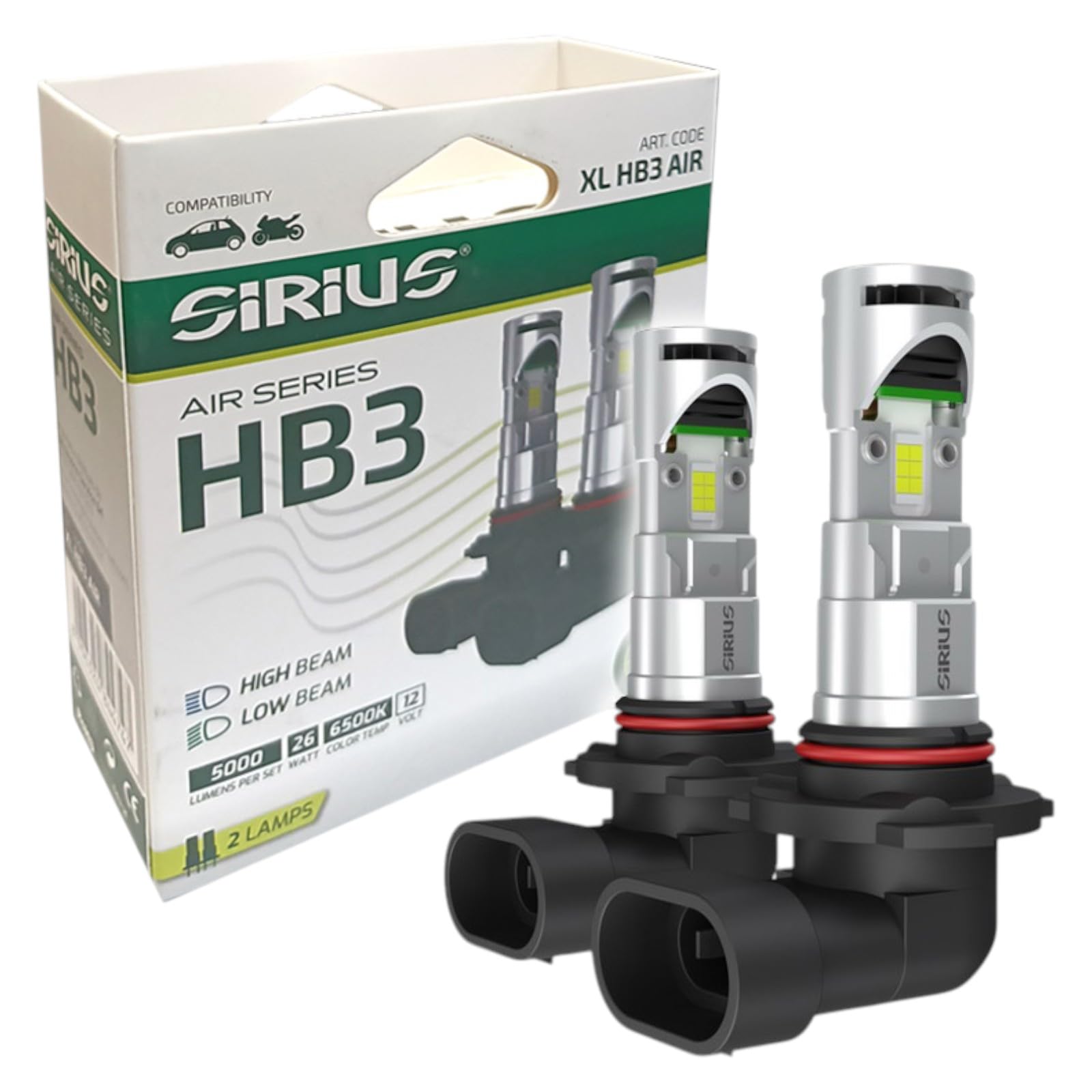 Sirius Kit 2 Lampadine LED HB3 per Fari Abbaglianti e Anabbaglianti 6500K - Sistema Air Cooling con Ventola 12V - Compatibile, Non Originali