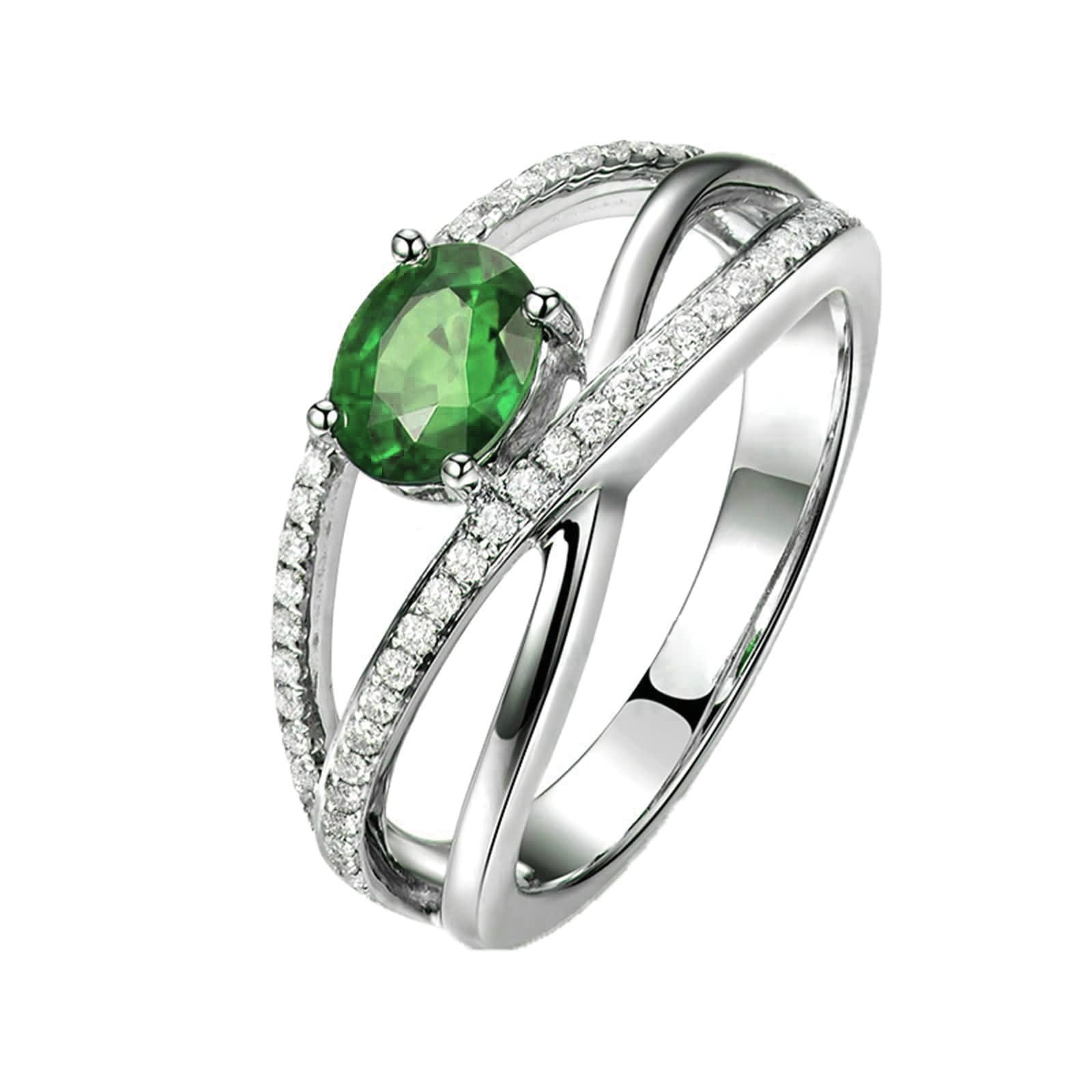 Anillos de oro blanco para mujer, platino, anillo de compromiso infinito con esmeralda ovalada de 1 quilate y moissanita, talla H 1/2-V 1/2