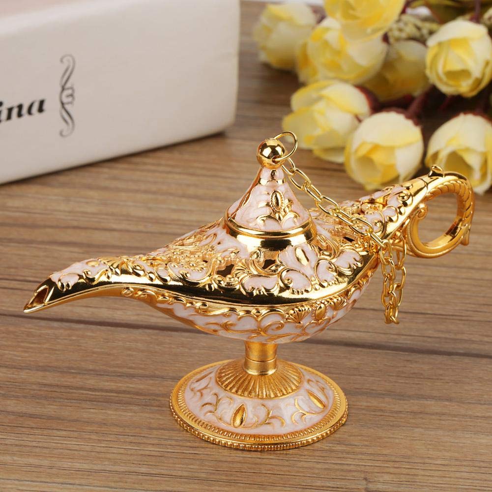 Aladyn Lamp, MAGT rzeźbione metalowe Hollow Hollow Legend Lamp Aladdin Magic Genie Light Wishing Pot Decor(Phnom Penh White)