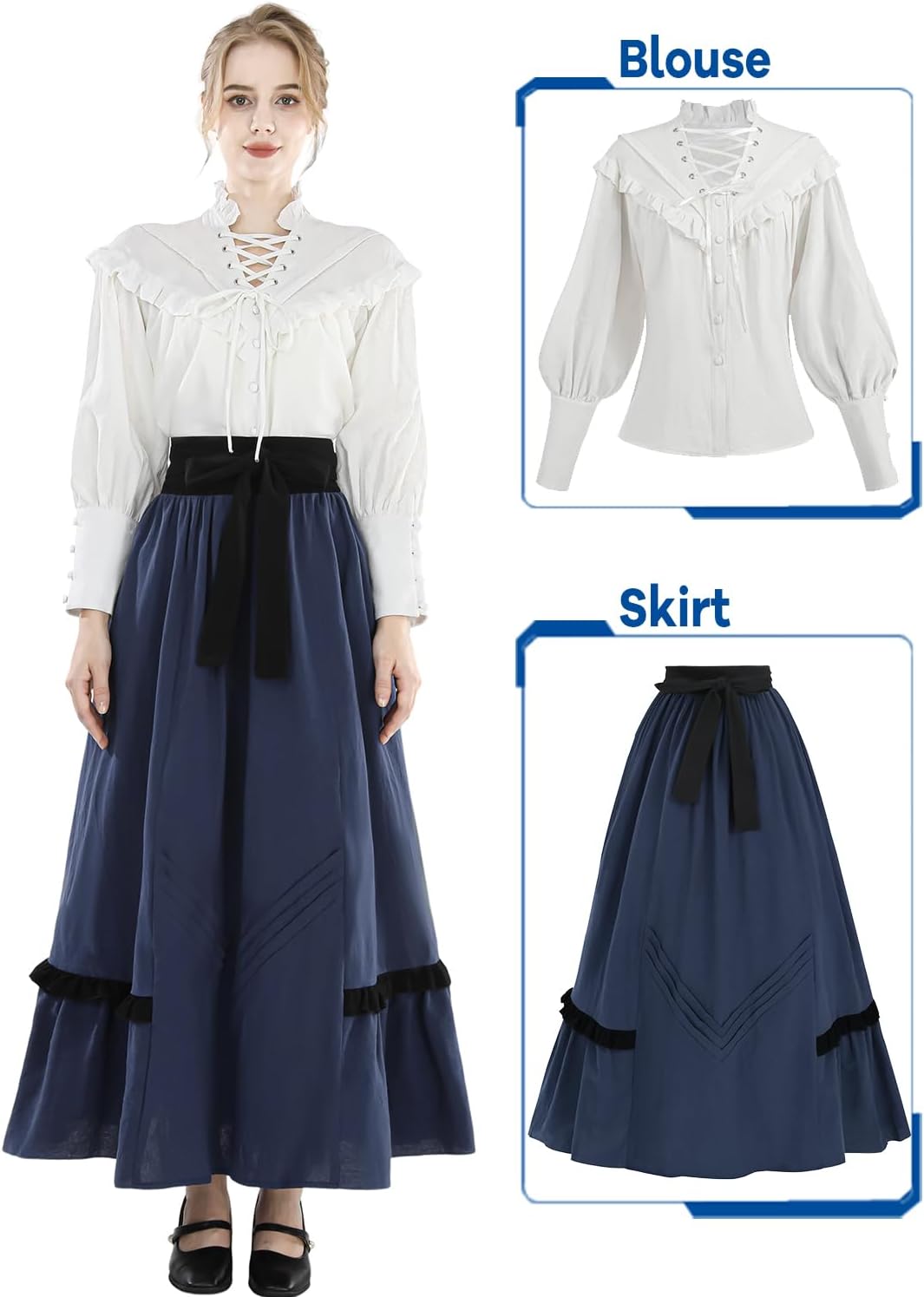 FCCAM Victorian Dress for Women V-neck Edwardian Dress Renaissance Costume with Pockets