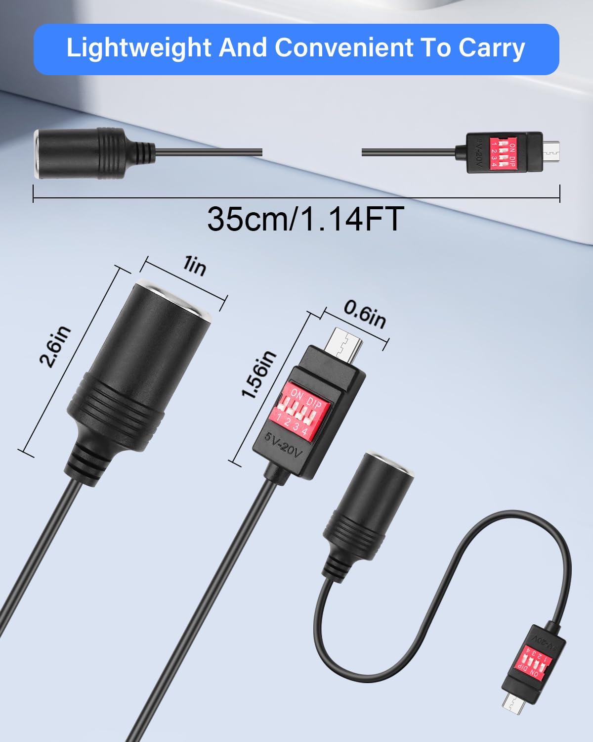 Adattatore USB C a accendisigari auto, 100 W, con adattatore USB A, interruttore DIP regolabile da 5 V/9 V/12 V/15 V/20 V, per dash cam, GPS, ecc