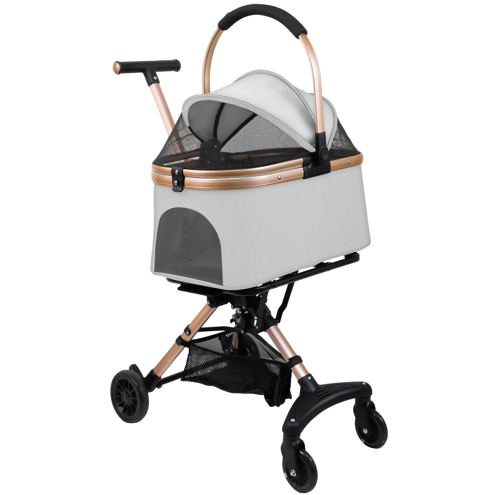 Poussette Chien 3 en1,Chariot Chien Pliable,Jusqu'à 15 kg, Poussette Chat avec Roues avec Freins,Fenêtre en Maille,Poche de Rangement et Poignée Réglable,Les Petits Chiens et Chats (gris)