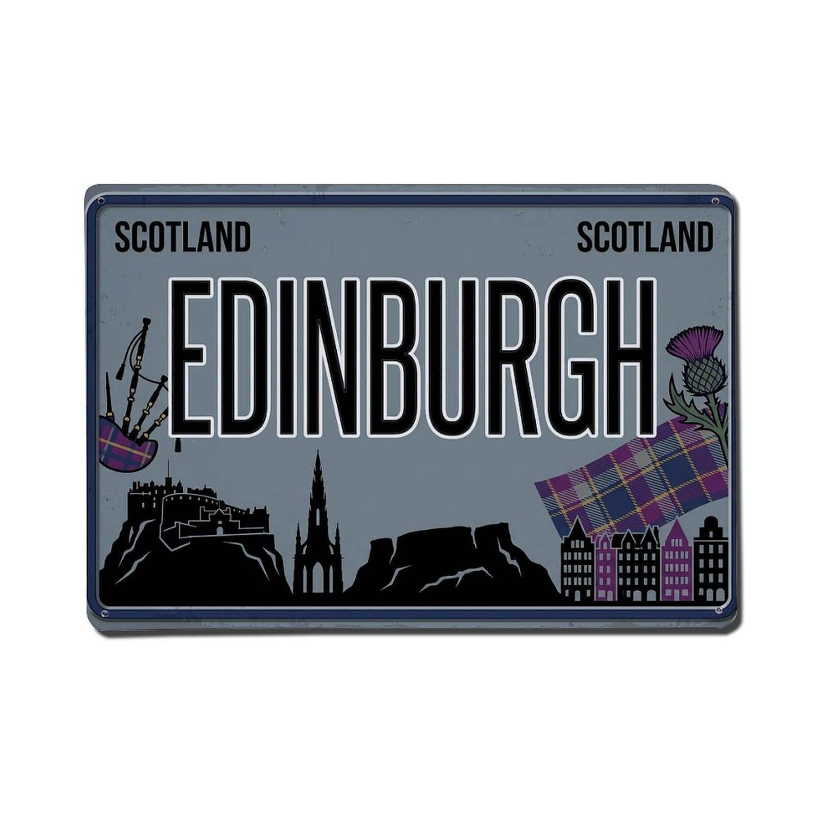 Vintage Travel Edinburgh Scotland Castle Bagpipe Metal Tin Sign Plaque Wall Decor for Cafe, Club Bar, Office, Garden Metal Poster 8x12Inch
