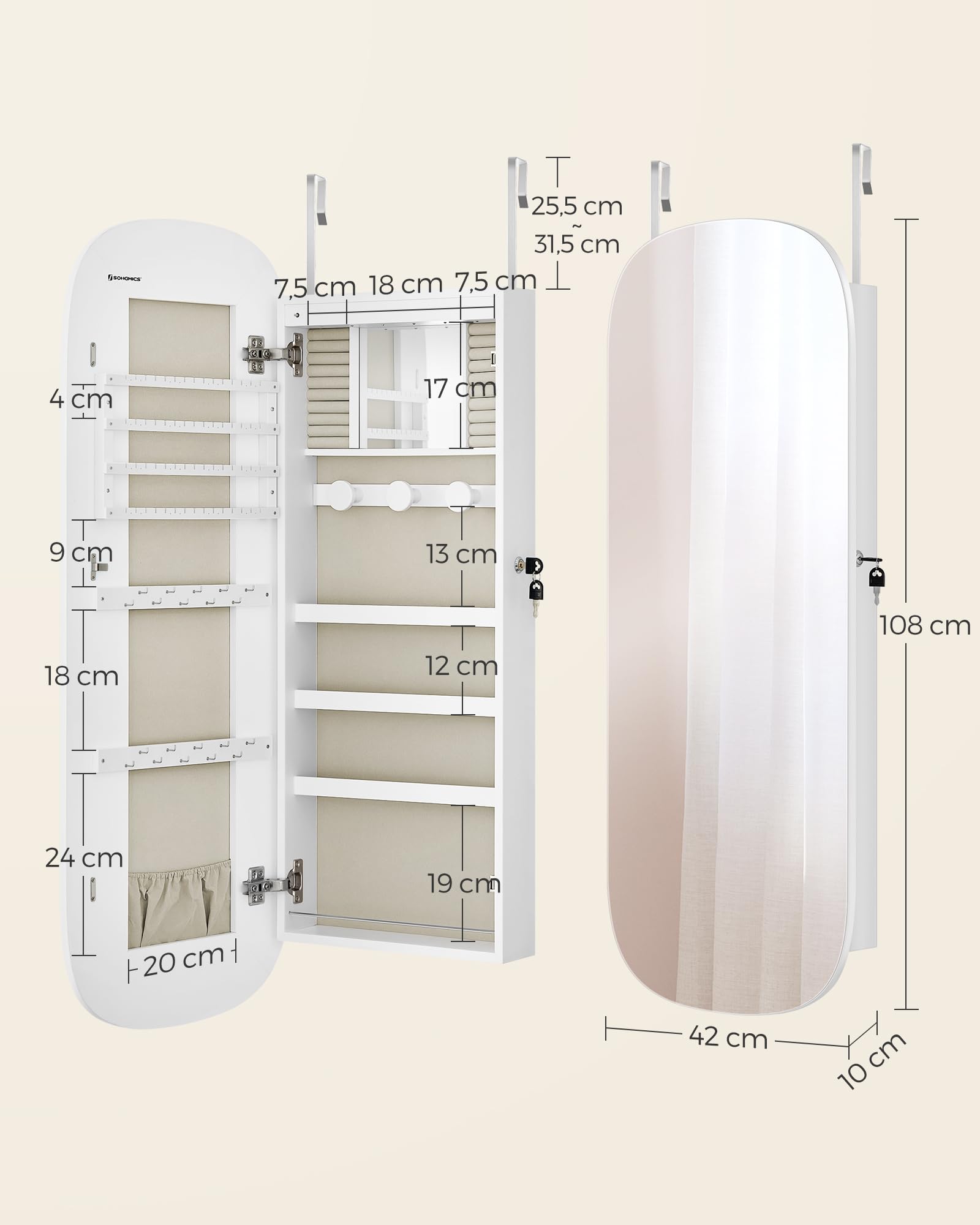 SONGMICS Armario para Joyas, Espejo Joyero de Pared, Organizador con Luz LED y Cerradura, Varios Compartimentos, para Pendiente, Collar, Superficie Blanca y Forro Gris Beige JJC026W01