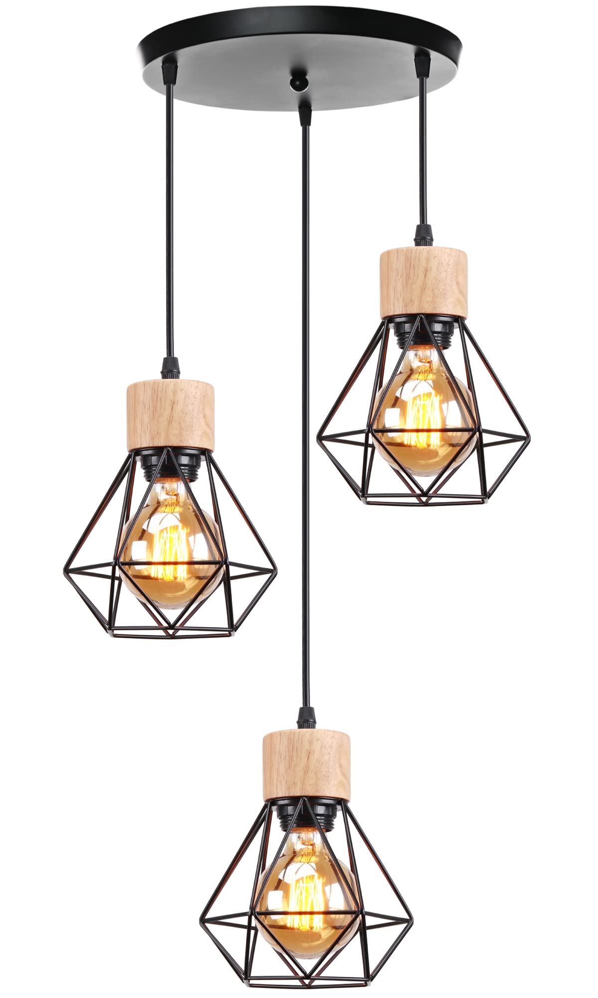 TOKIUS 3 Iluminación de Techo Vintage, Lámpara Colgante 16CM Retro, Diseño de Jaula Negro en Madera y Hierro E27 para Interior, Pasillo, Dormitorio (Araña 3 Luces)
