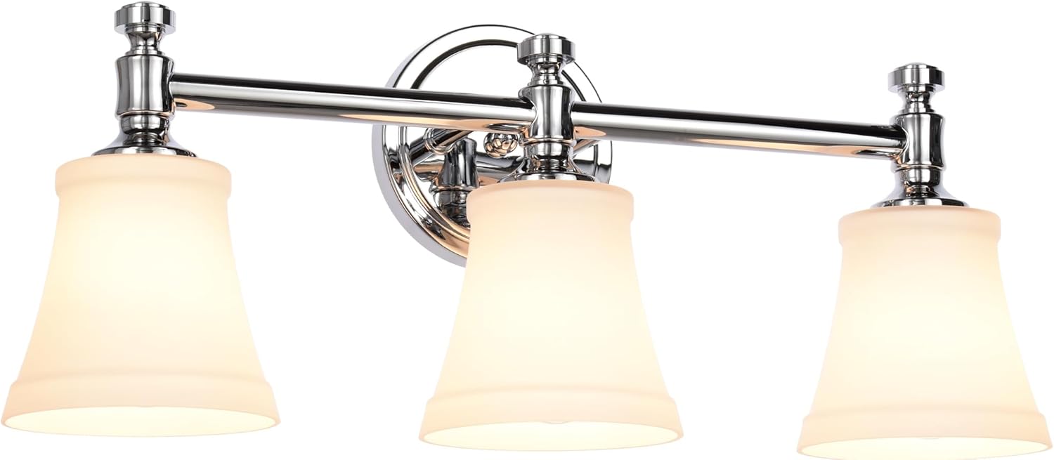 Bathroom Vanity Light Fixtures, Traditional Chrome 3 Lights Wall Sconce Lighting with Opal Glass Shade, Porch Wall Mount Light Fixture for Bathroom, Mirror Cabinets Hallway Stairs Chrome 3-Light