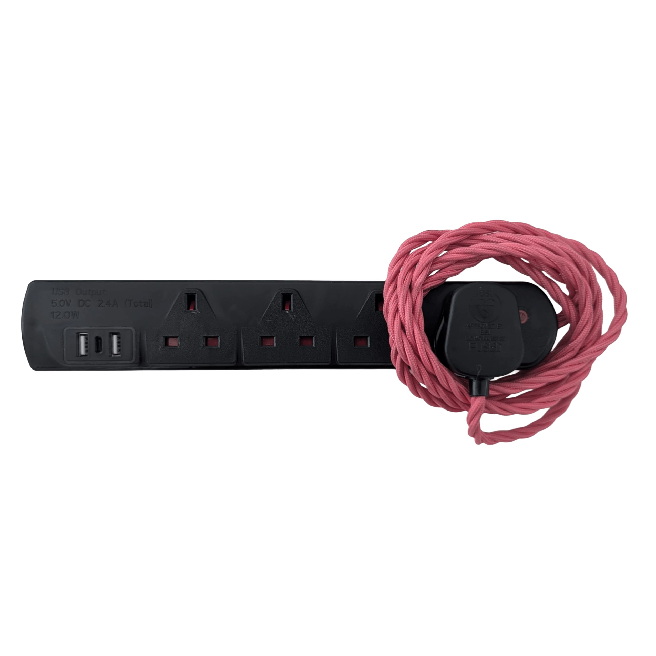 Vintage Electric Extension Leads, 13 amp rated Power Strips with 4 Way Outlets, 4 Socket Extension Cable with 2M Braided Fabric Twisted Cord for Home Office (Evening Blush (Black Plug))