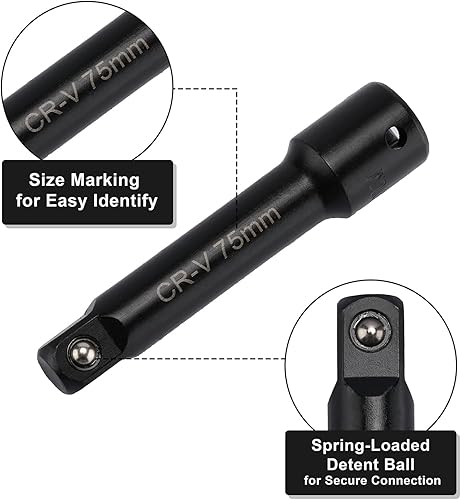 Miniatura 5 de Mayouko Juego de barras de extensión de 1/4", 3/8", 1/2", CR-V, 9 barras de extensión de enchufe para áreas estrechas y profundas