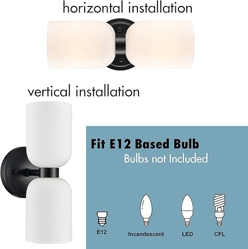 Miniatura 6 de CLAXY Aplique de pared negro moderno de 2 luces de tocador de baño, pantalla de vidrio lechoso para baño, dormitorio, escalera