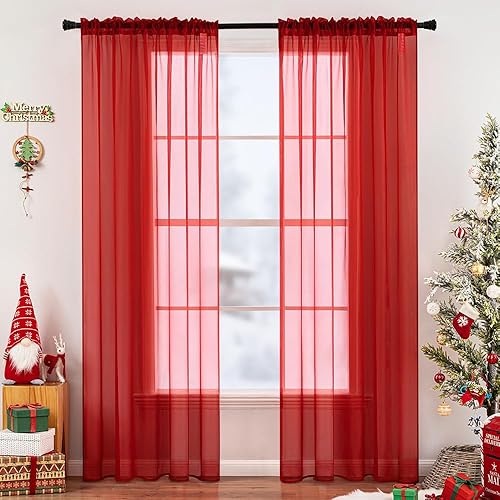 MIULEE 2 paneles de cortinas traslúcidas de color rojo liso para ventana, elegantes paneles de gasa para ventana, cortinas y tratamiento para