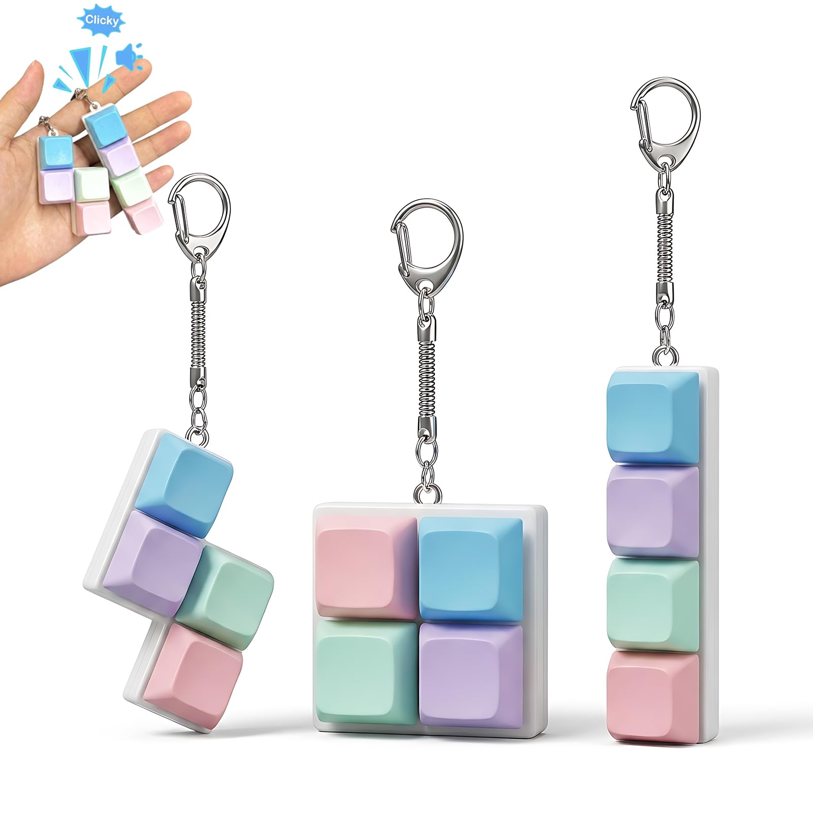 3Pcs Decompression Toys, Keyboard Keychain, Keyboard Clicker Toy Adult, Portable Mechanical Keyboard Fidget Toy, Funny Keyboard Cube Key Button, Stress Relief for Adult Gifts to Relief Pass Time-image-1