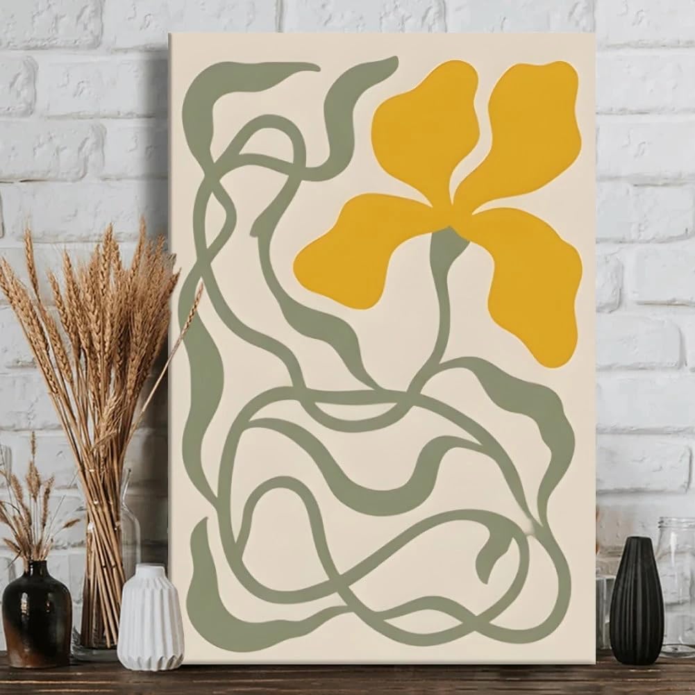 1 cuadro abstracto de flores amarillas con líneas verdes, ideal para la decoración del hogar (60x80cm/sin marco).