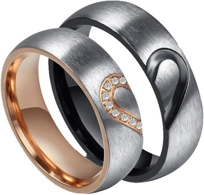 Wang Rong ROWAG 6MM Men Heart Shape Titanium Stainless Steel Couple Wedding Rings for Him and Her Women Cubic Zirconia CZ Inlaid Promise Engagement Bands