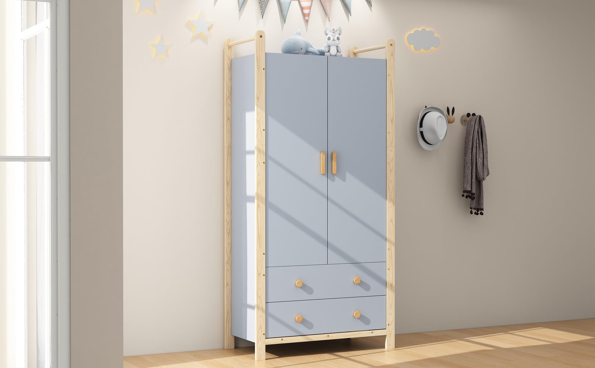 Armario para Niños con 2 Puertas y 2 Cajones 180x90x45 cm Armario Ropero de Madera con Barra para Colgar, Ropero Estrecho Moderno para Dormitorio, Salón, Perchero de Pasillo, Azul y Natural