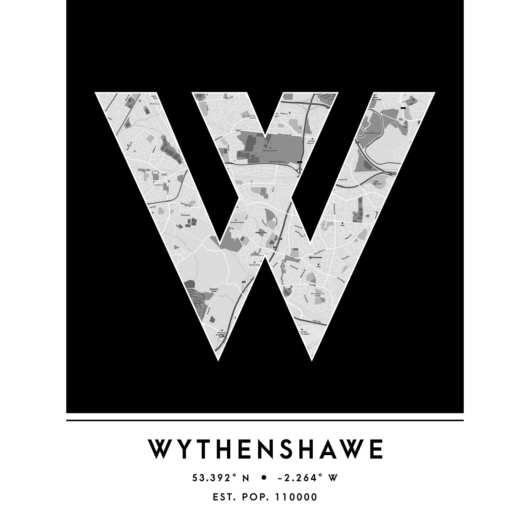 Wee Blue Coo Wythenshawe England United Kingdom City Map Black & White Colour Block Modern Typography Stylish Letter Unframed Word Wall Art Print Poster for Home Décor CITYMAP1