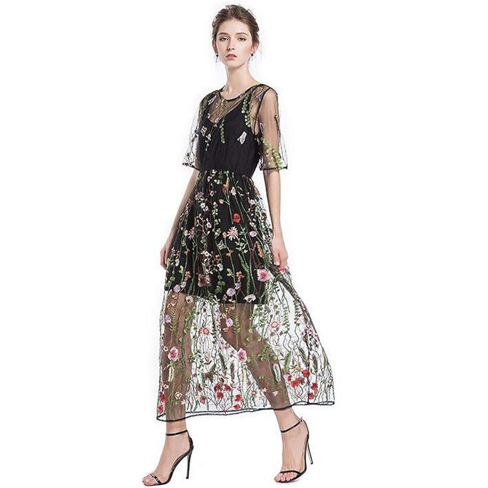 パーティードレス Embroidered Tulle Maxi Dress Women's Floral Embroidered Mesh Sheer Tulle Prom Maxi Dress