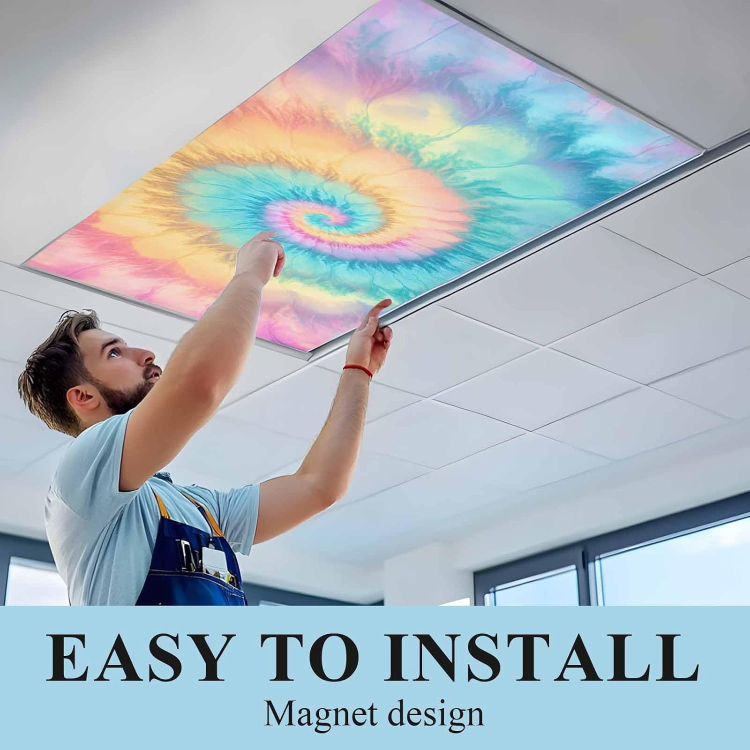 4 Pack Fluorescent Light Cover 4x2 Feet, Colorful Tie Dye Lights Filters Drop Fluorescent Lights Shade Panel, Rainbow Ombre Abstract Pattern Art Magnetic Ceiling Classroom Light Cover for Office