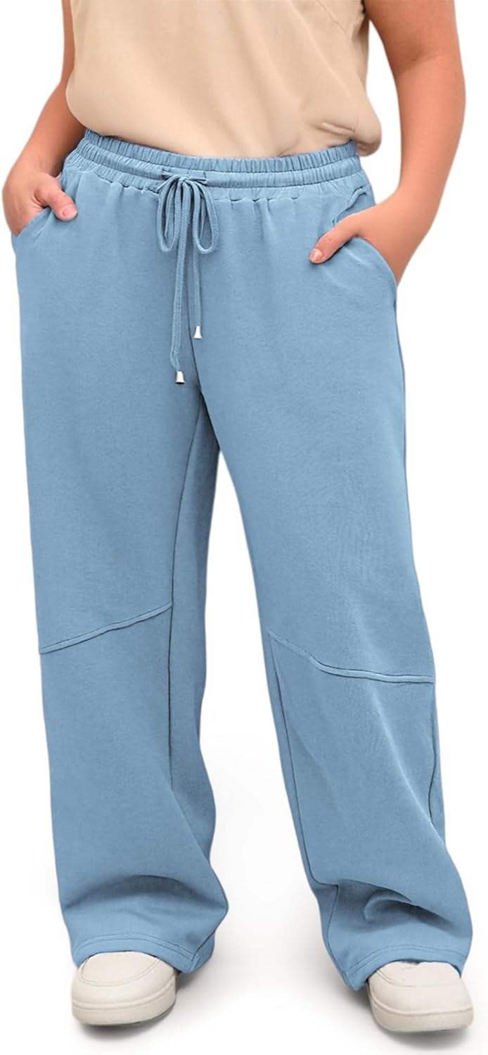 VISLILY Plus-Size-Sweatpants for Women High Waisted Baggy Wide Leg Pants Elastic Loose Drawstring Active Joggers with Pockets