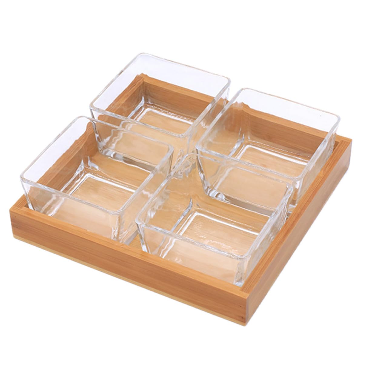 Plateau De Fruits En Verre 4 Compartiments Transparent, Plateau De Service Pour Collations En Verre Support En Bois, Assiettes Polyvalentes Pour Noix Et Fruits Secs, Usage Fête Et Apéritif
