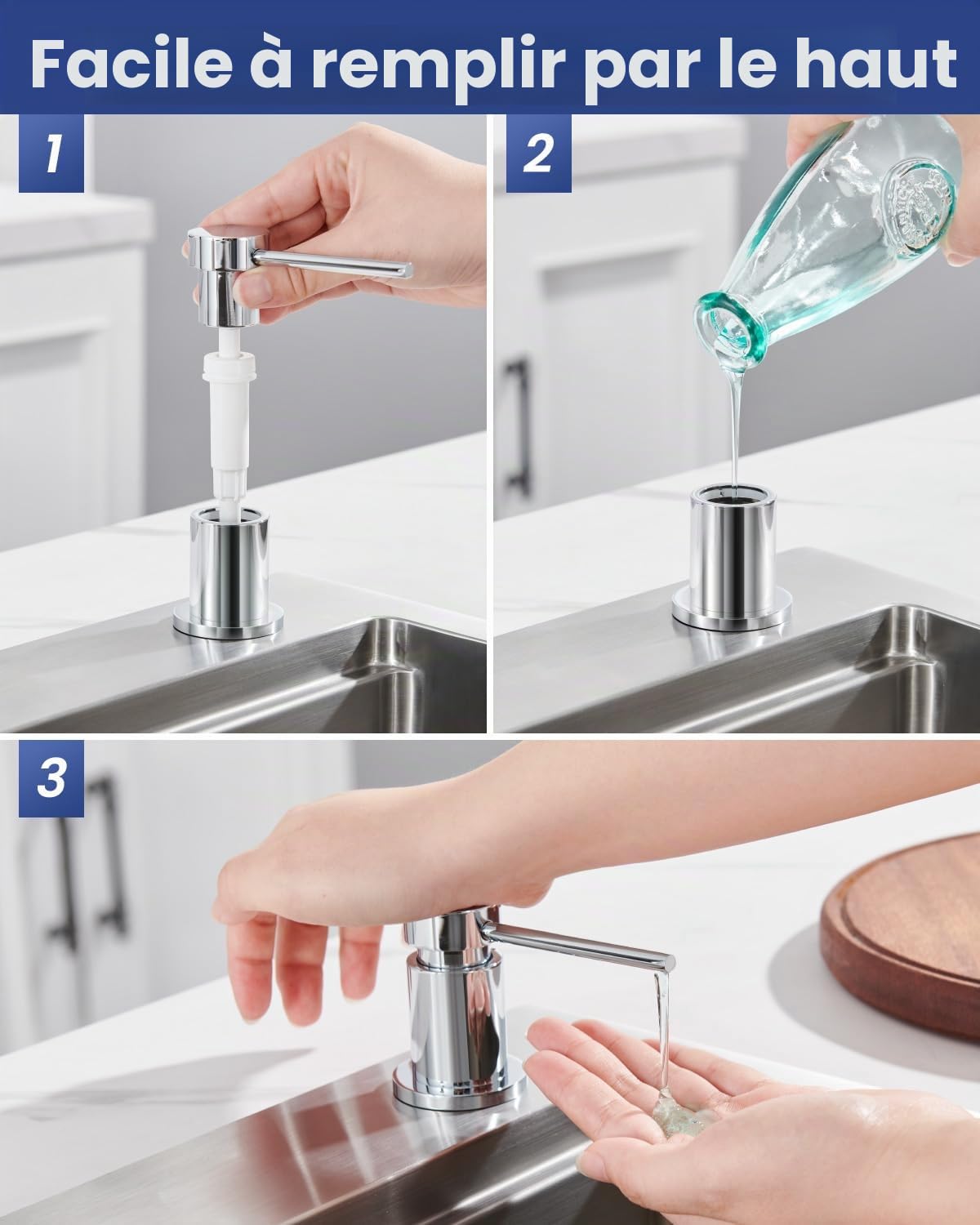 Distributeur de Savon Encastrable pour Cuisine, Distributeur Liquide Vaisselle Durable avec Écrous en Acier INOX 304(sans Plastique), Bouteille de 300ml et Tuyau de Rallonge de 1,25m, Chrome