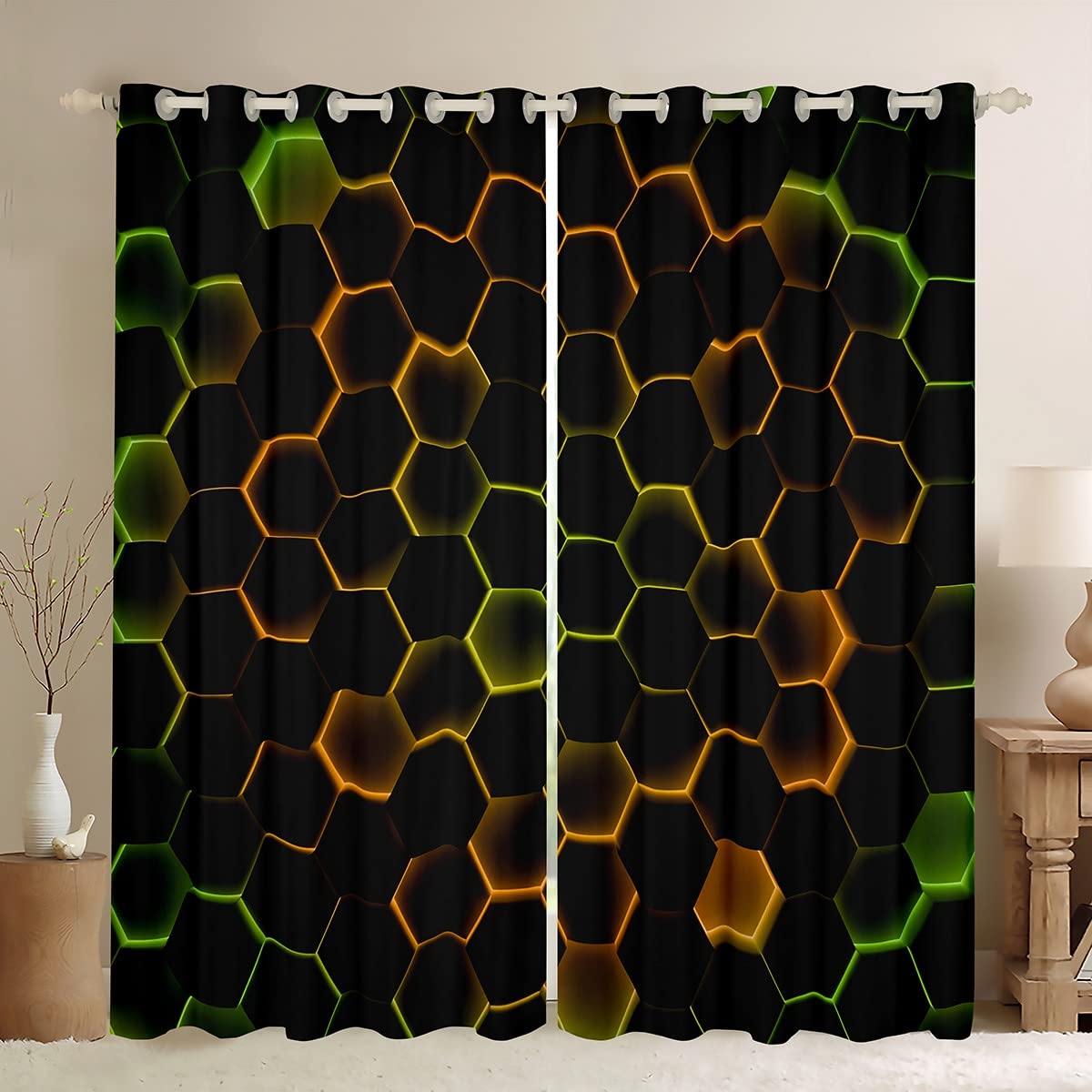Homemissing Boys Multicolored 13215 3D Honeycomb Curtains For Bedroom Geometrical Window Treatment Modern Beehive Art Window Drapes Hexagon Theme Window Draperies For Kids Girls Adults W46*L72