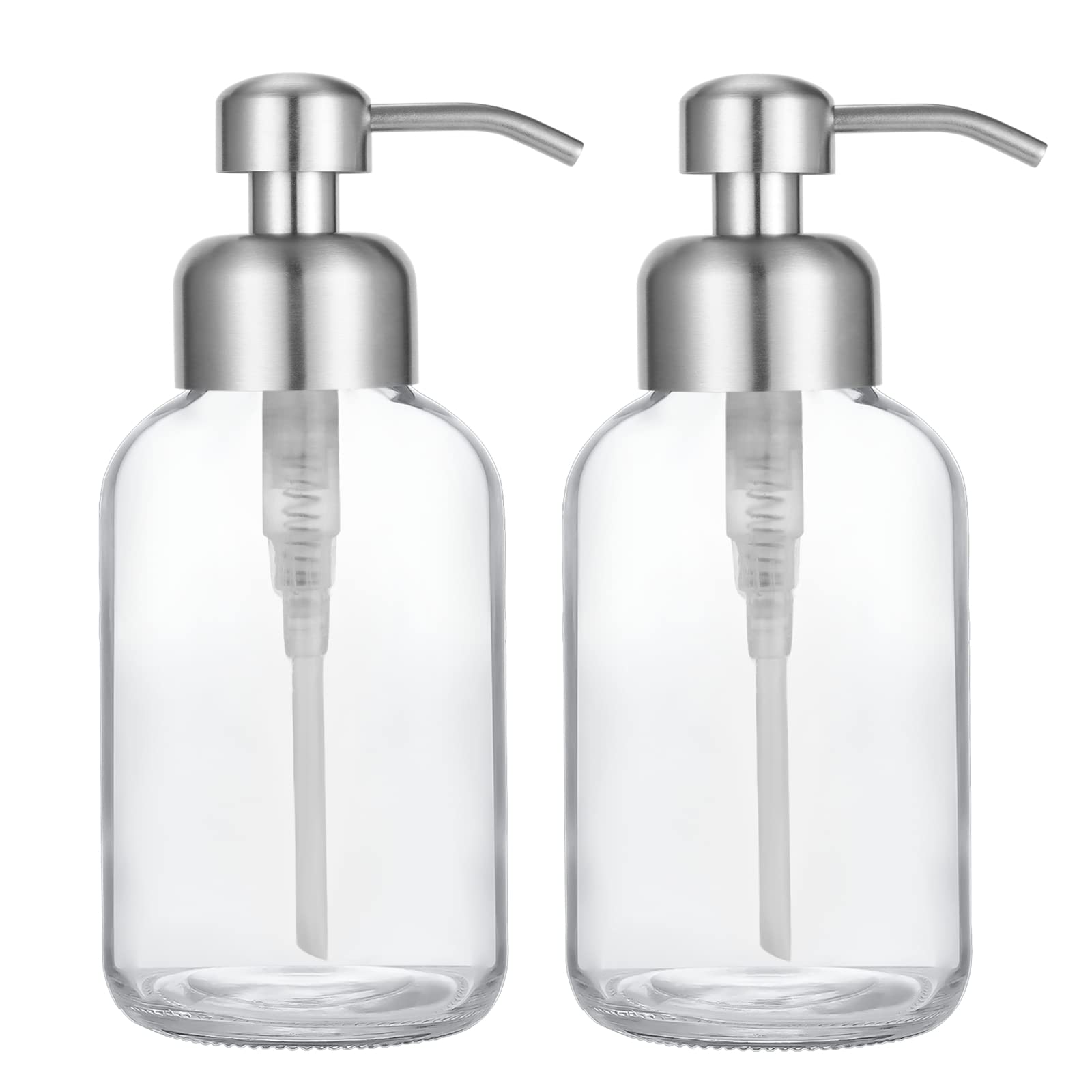 CHBKT2 Pack Thick Clear Glass Jar Soap Dispenser with Silver Stainless Steel Pump, 17ounce Clear Round Bottles Dispenser with Rustproof Pump for Essential Oil, Lotion Soap (Silver)