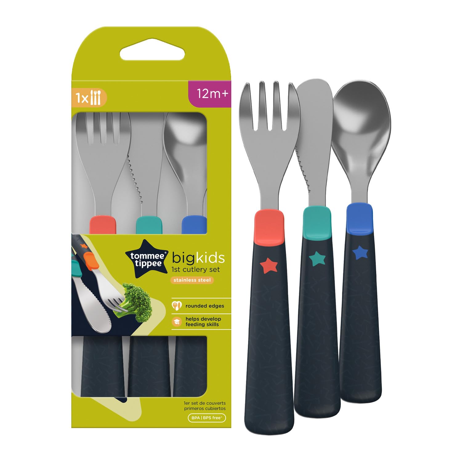 Tommee TippeeStainless Steel First Cutlery Set, Suitable for 12m+, Kids Cutlery Set with Rounded Edges and Easy to Hold Chunky Handles